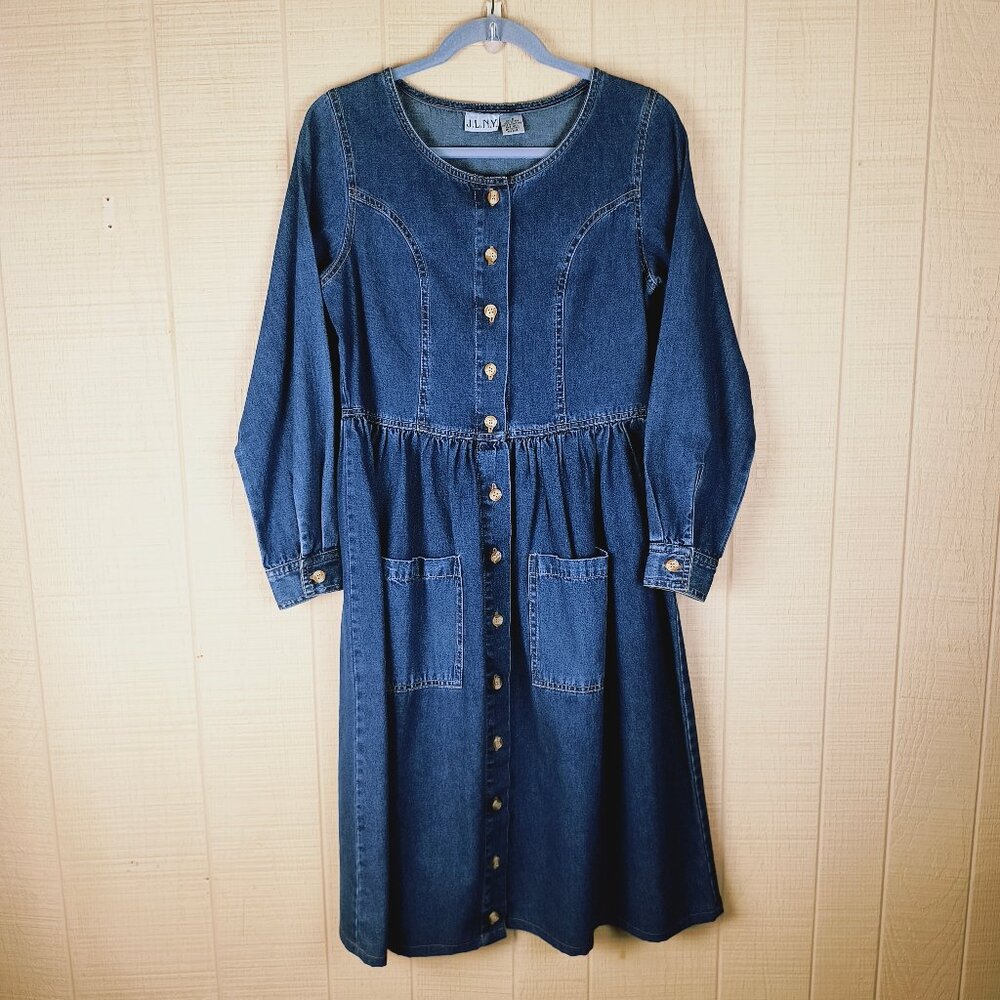 Vintage 90s Denim Dress Button Front Long Sleeve Patch Pockets Cottagecore